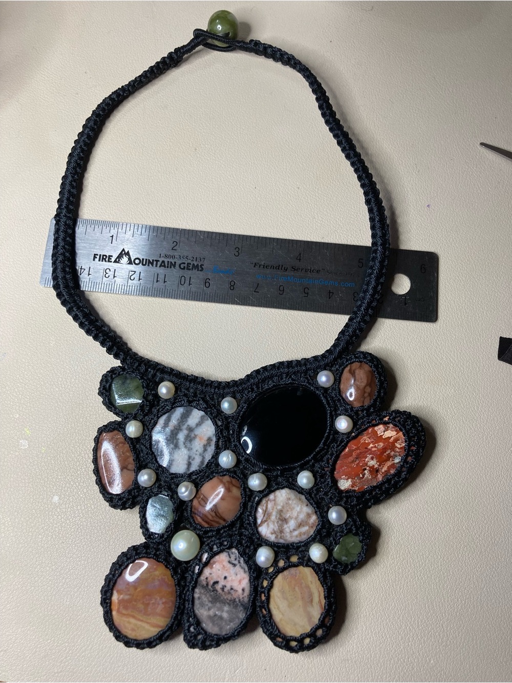 Black Crochet Statement Necklace with Multicolor Stone Cabochons